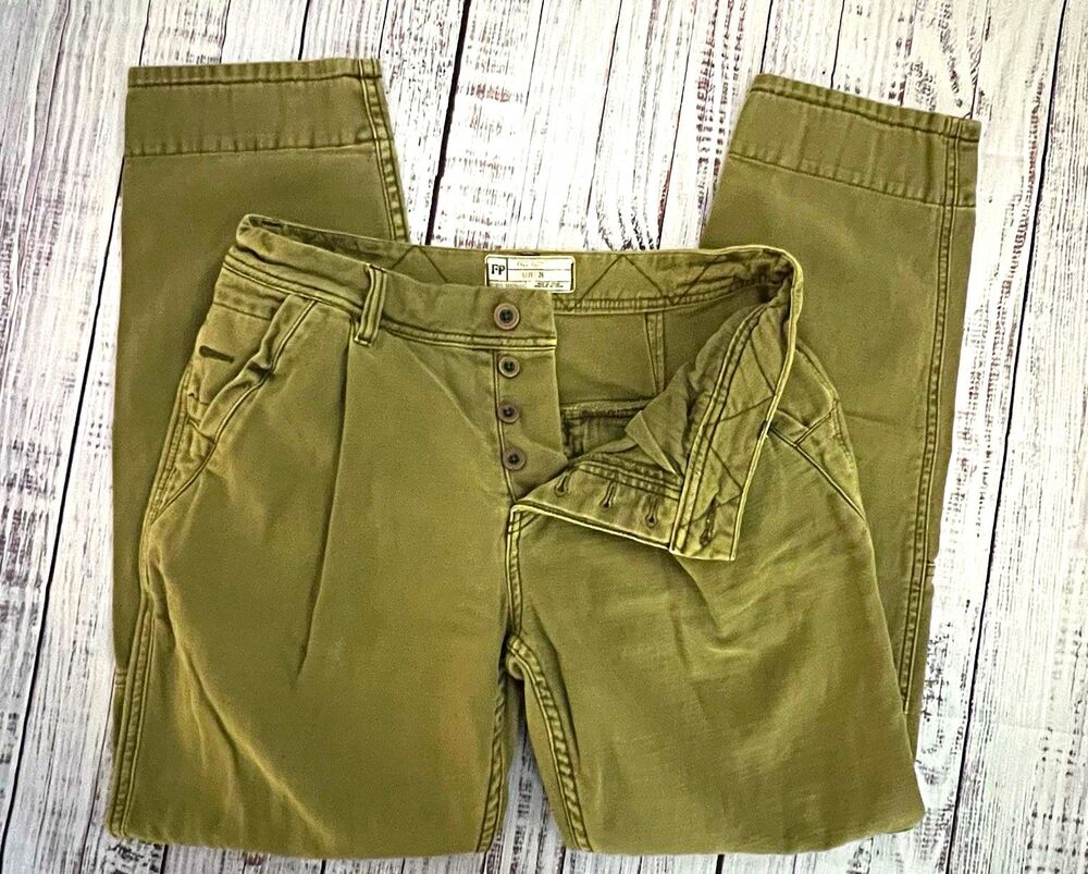 Free People Olive Green Utility Cargo Pants Button Fly Pleated Tapered 26
